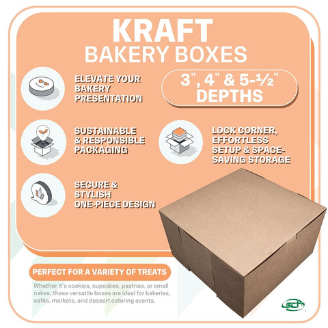 SCT Kraft One-Piece Non-Window Bakery Boxes, 10 x 10 x 4, Brown, Paper, 100/Bundle