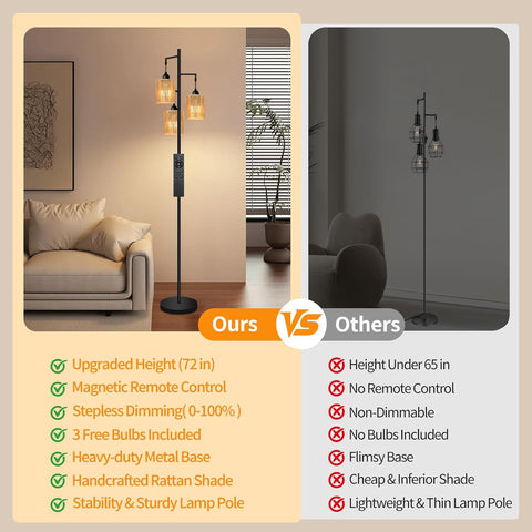 Hotsonic 72" Remote Boho Rattan Tree Floor Lamp, Tall Dimmable Industrial Standing Lamp for Living Room Bedroom, 1H Timer, 3 Individually Controlled Heads, 2 Height Options, 3 LED Bulbs Included-Black