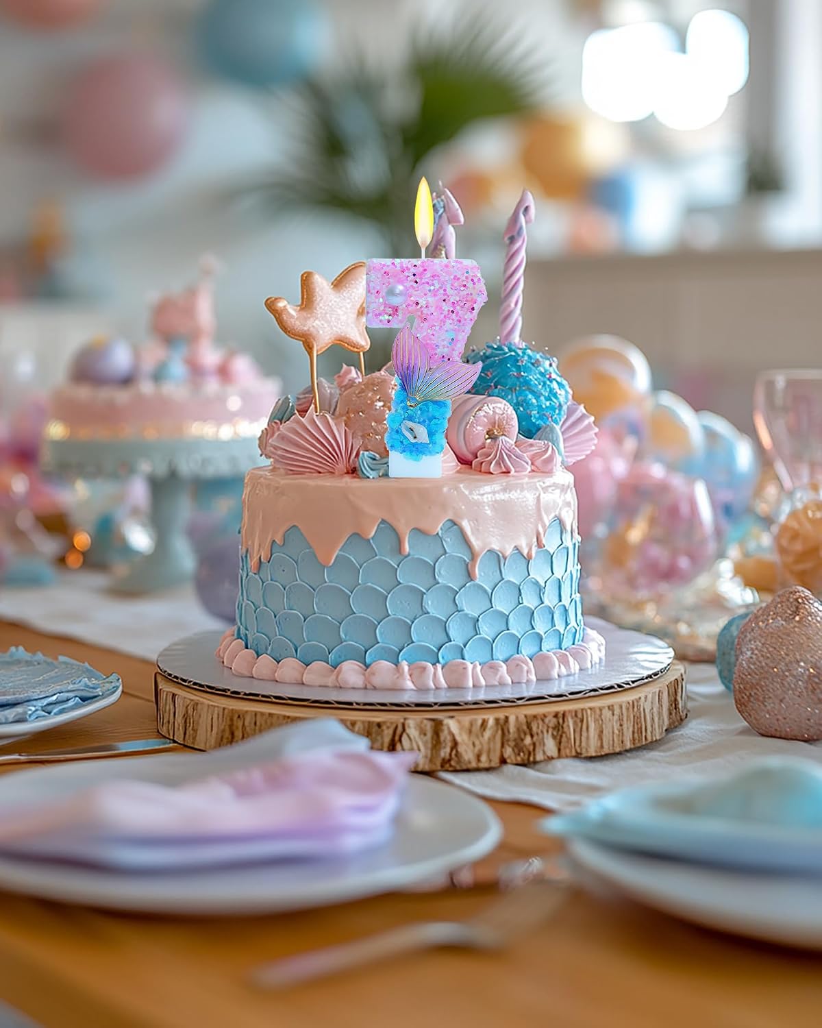Mermaid Themed Birthday Candles, Number 7 Girls Glitter Birthday Party Supplies,Anniversary Party Decor,2.87 inch Cake Topper Decorations (Mermaid Themed, Number 7)