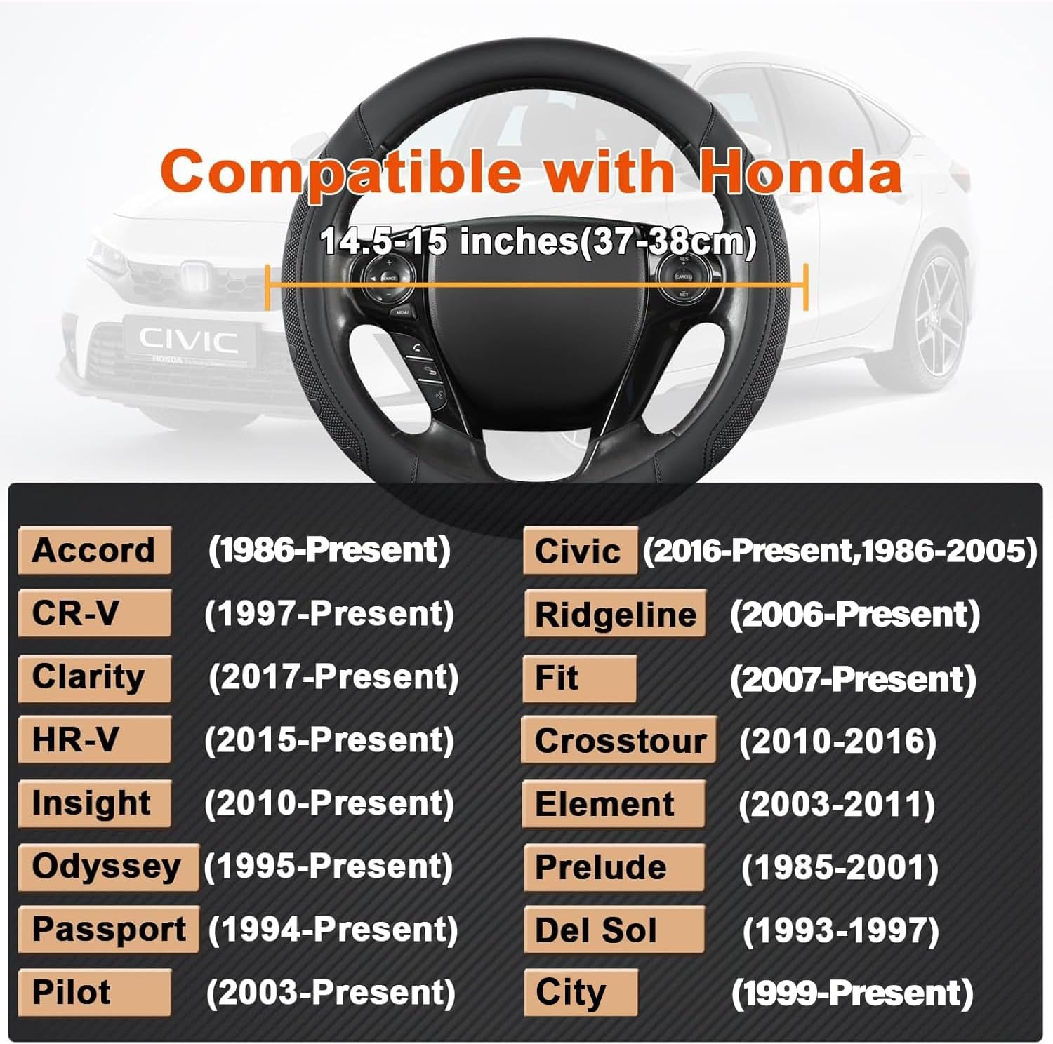 GIANT PANDA Microfiber Leather Steering Wheel Cover for Honda Accord,Civic,CR-V,HR-V,Pilot(Black-Standard Size)
