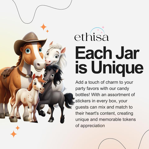 Ethisa Small 12 Pack Horse Party Favors - DIY Candy Jars with Ribbons and Stickers - Cowboy Party Decoration Bottles for Birthday, School Classroom, and Baby Shower - Horse Racing Table Centerpiece