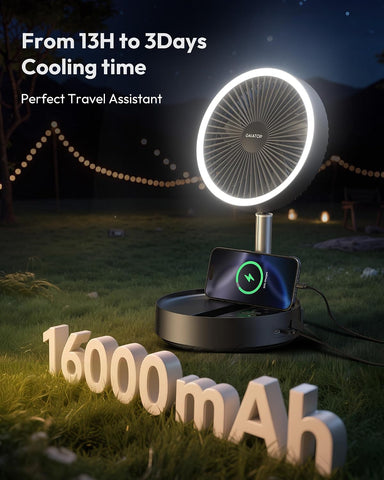 Gaiatop Portable Pedestal Fan 16000mAh Battery [Max 74h Runtime], Foldable Oscillating Standing Fan, Collapsible Desk Fans, LED Light, Case & Remote Control 4 Speeds for Outdoor Travel Camping (Black)