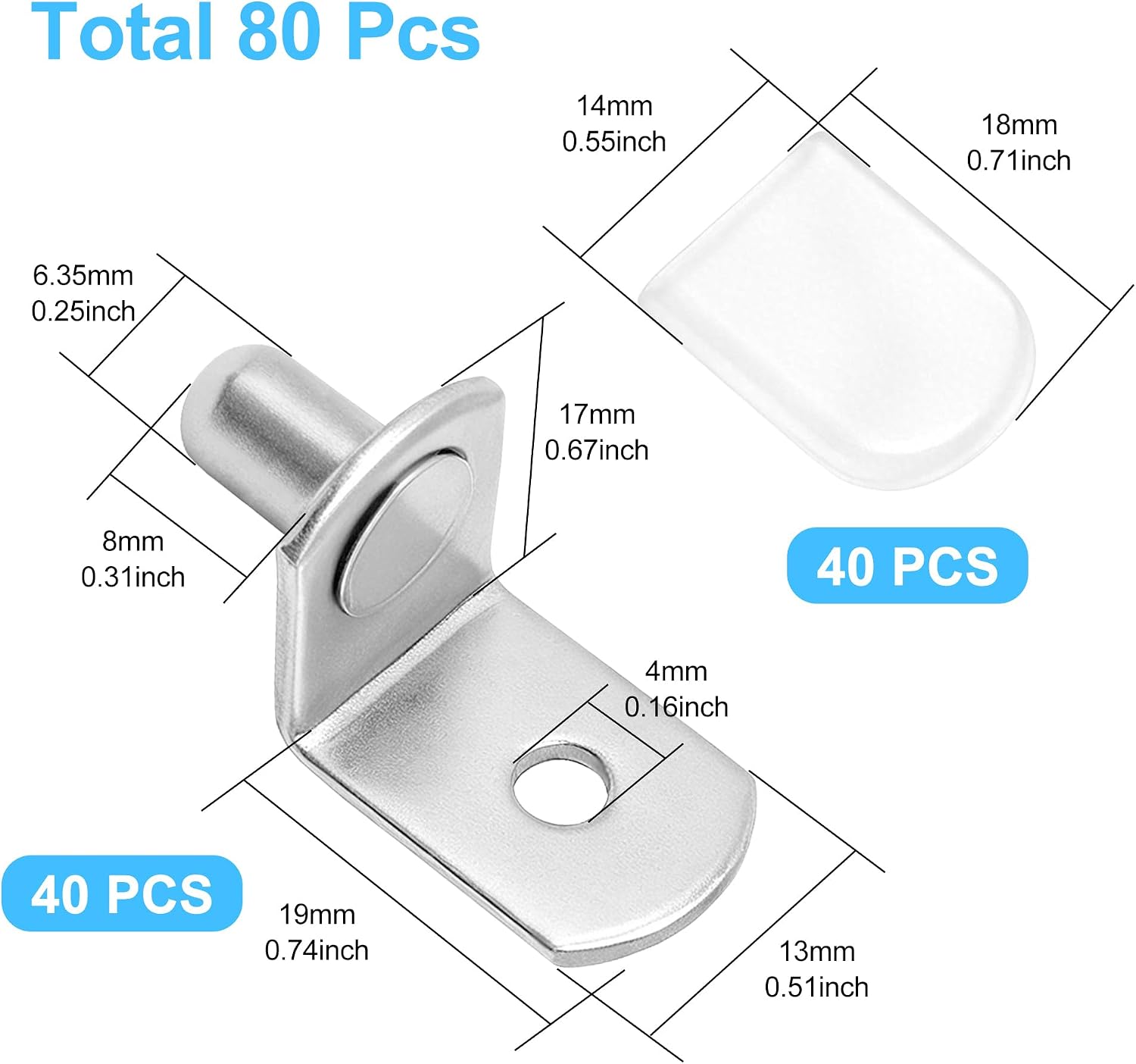 Shelf Support Pegs,40 Pcs Cabinet Shelf Bracket Pegs with Rubber Sleeve,1/4 Inch Diameter Pegs for Shelves,L-Shaped Nickel Plated Shelf Pins Holders for Bookcase Kitchen Closet Glass Shelves-Silver