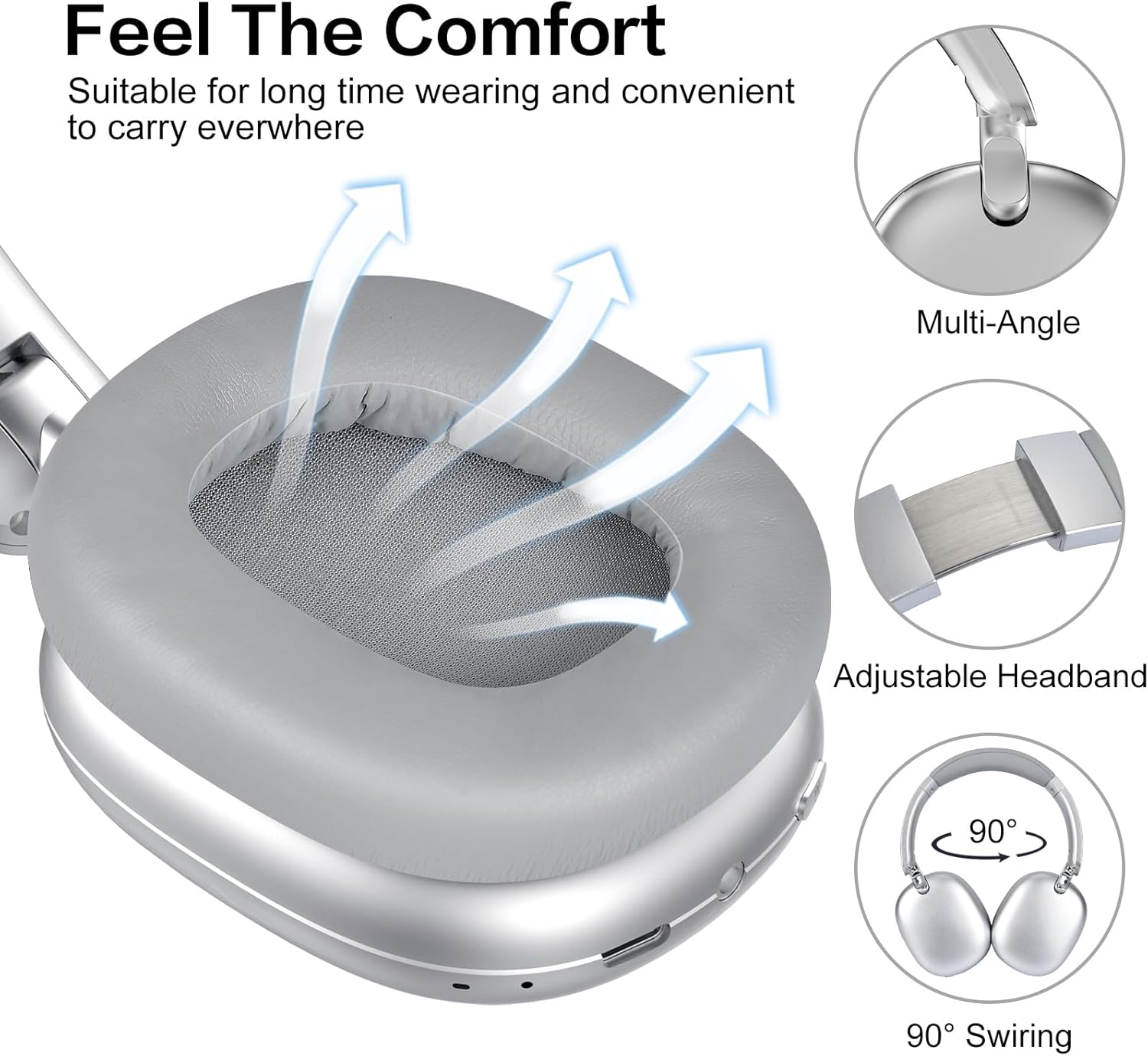 C6 Active Noise Cancelling Headphones, Wireless Over Ear Bluetooth Headphones, 60H Playtime, Lightweight Folding Comfort Fit Ear Cups Headset with Mic for iPad/Travel/PC/Home Silver