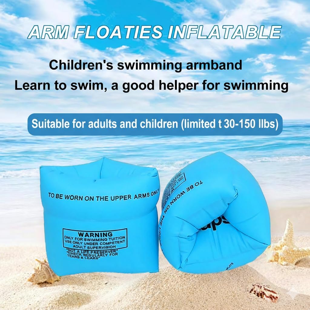 10Leccion 2 Pack Inflatable Arm Floaties for Toddlers, Blow up Water Wings for Kids, Swimming Arm Bands Floatation for Children and Adults 30-150LBS(Blue and Orange)