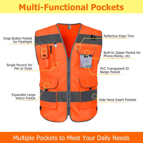 TCCFCCT Hi Vis Vest 9 Pockets High Visibility Safety Vest for Men, Orange M