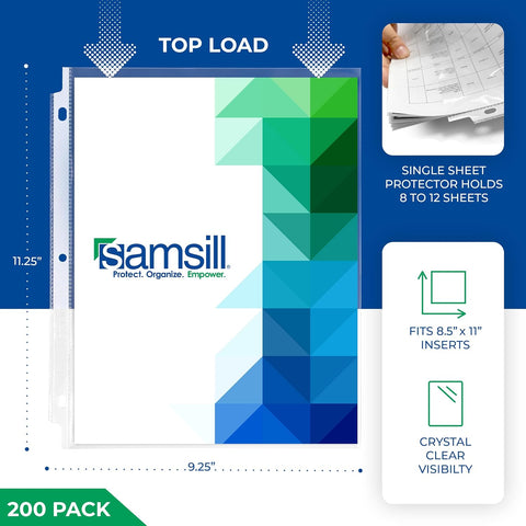 Samsill 200 Pack Heavy Duty Sheet Protectors, Crystal Clear, 8.5x11 Inch Page Protectors for 3 Ring Binder, Letter Size Protectors, Reinforced Holes, Clear Protector, Top Loading, Acid Free