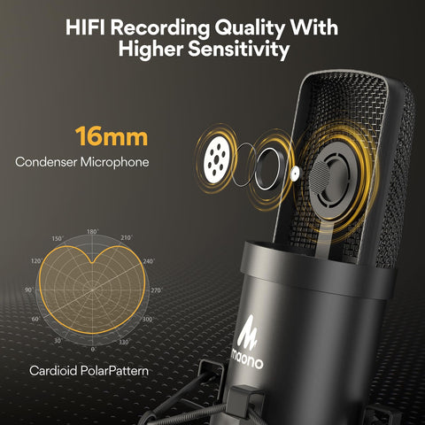 USB Microphone, MAONO 192KHZ/24Bit Plug & Play PC Computer Podcast Condenser Cardioid Metal Mic Kit with Professional Sound Chipset for Recording, Gaming, Singing, YouTube (AU-A04)