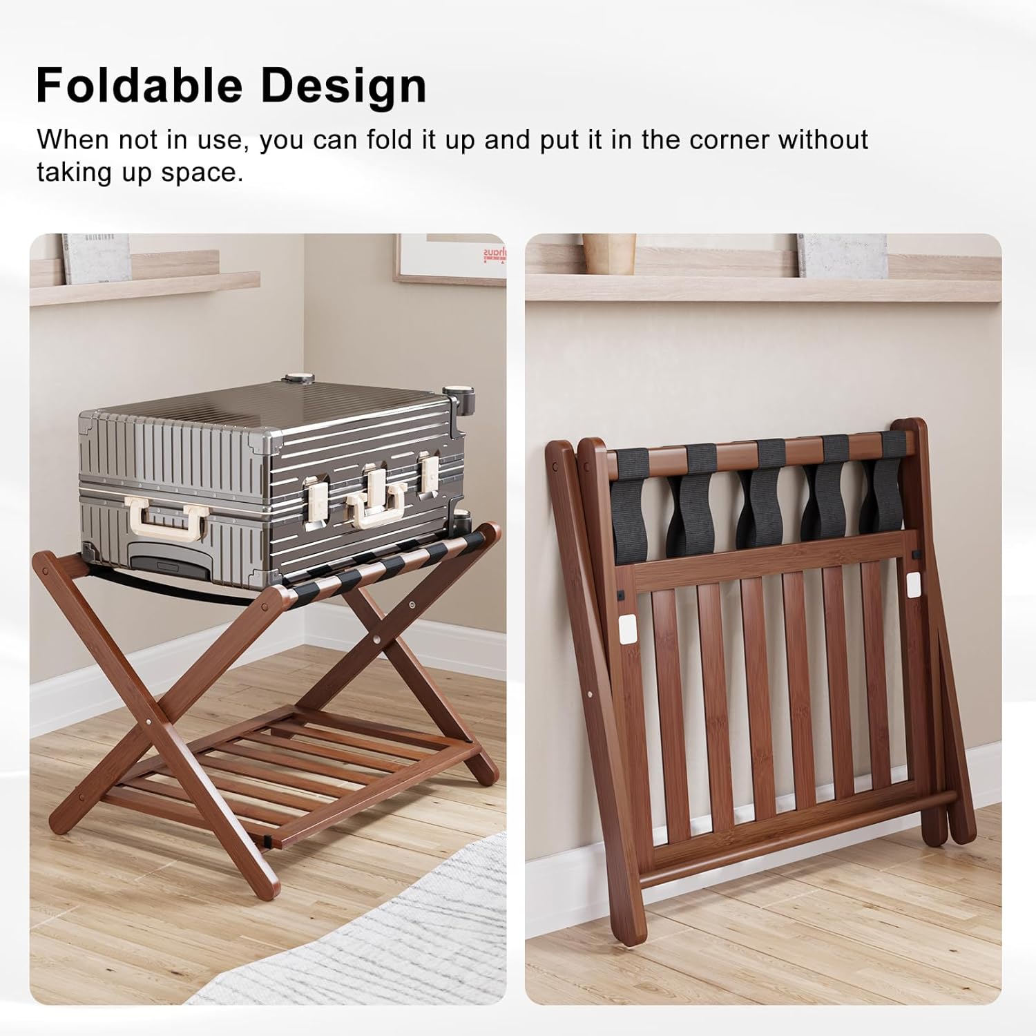 Smuxee Fully Assembled Walnut Luggage Racks Pack of 2, Upgraded Bamboo Foldable Suitcase Stand with 5 Nylon Straps, Luggage Holder with Shelf for Guest Room Bedroom Hotel
