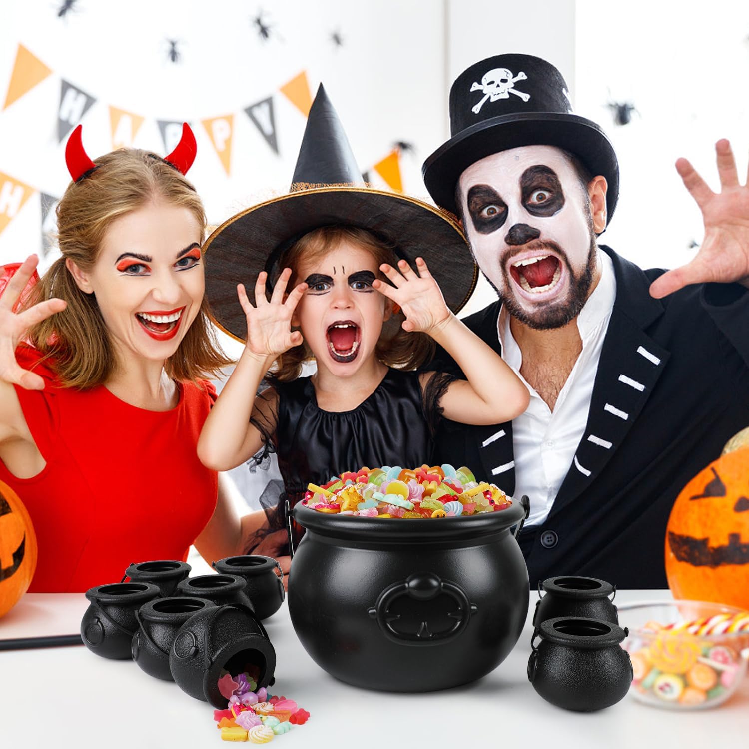 DIYASY Black Candy Cauldron, 8 Mini & 1 Large 7.7" Plastic Kettles Buckets with Handle Witch Cauldron Pot for Kids Halloween St. Patrick's Party Favors