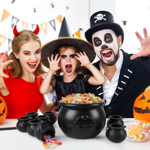 DIYASY Black Candy Cauldron, 8 Mini & 1 Large 7.7" Plastic Kettles Buckets with Handle Witch Cauldron Pot for Kids Halloween St. Patrick's Party Favors