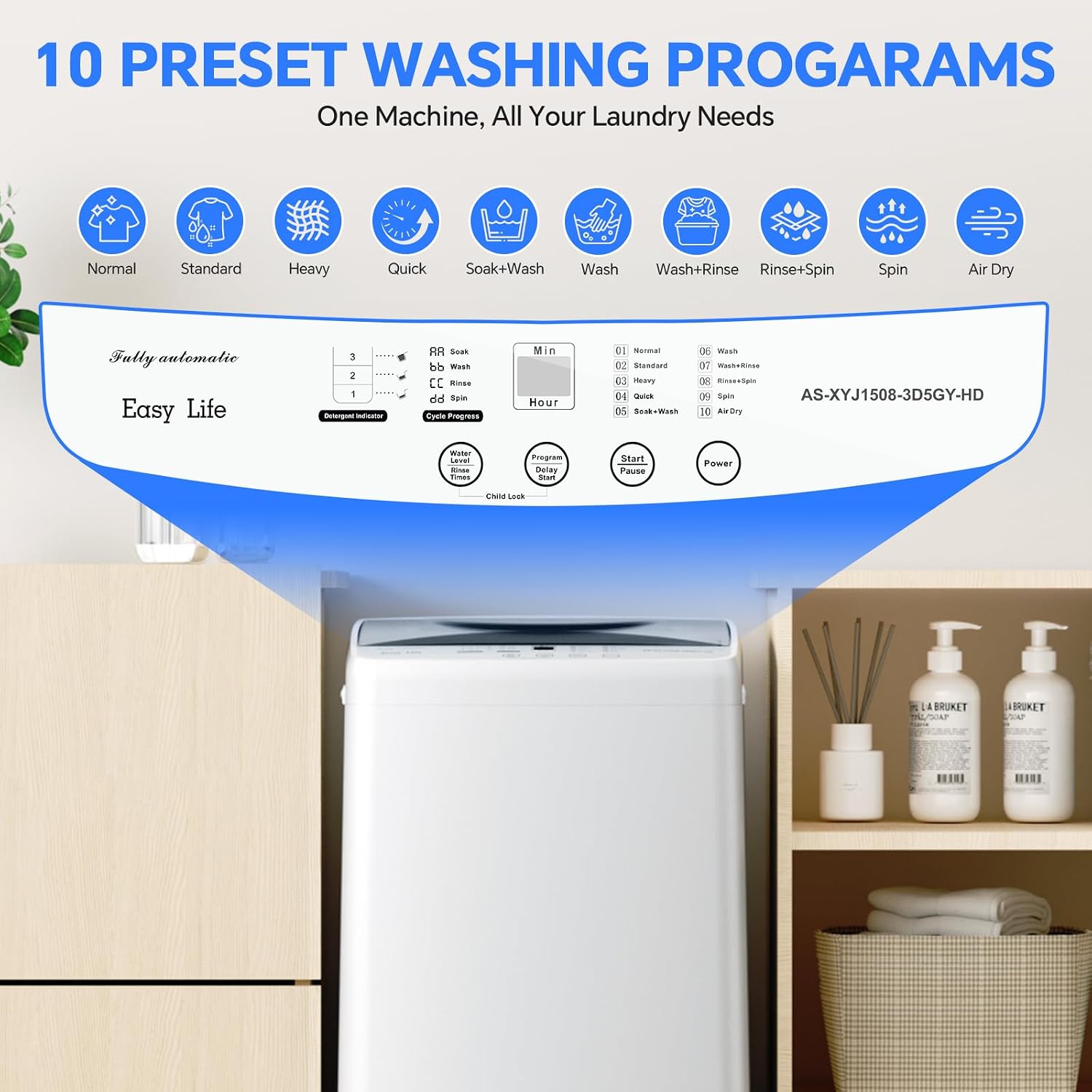 Portable Washing Machine, 1.06 Cu.Ft. Full-Automatic Laundry Machine with Child Safety Lock, 10 Wash Cycles & 3 Water Levels, 7.7 LBS Compact Washer for Apartment Dorm RV Camping, White