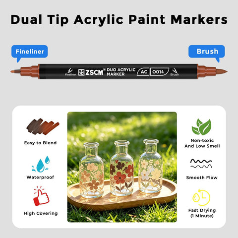 ZSCM 12 Brown Acrylic Paint Markers, Dual Fine & Brush Tip Acrylic Pens