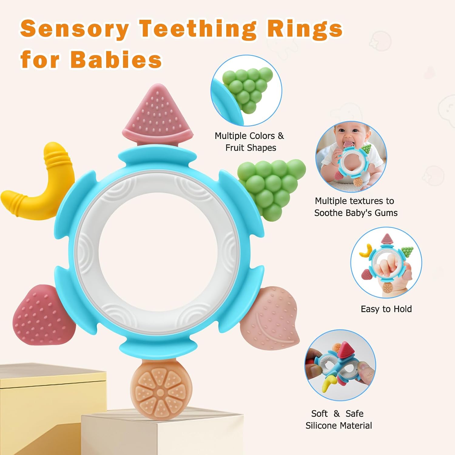 Baby Teething Toys for Babies 3-12 Months, Silicone Teething Rings for Babies, Infant Teether for Sore Gum Relief, Sensory Chew Toy Baby Teether, Baby Essentials Gift for Newborn Boys Birthday, Blue