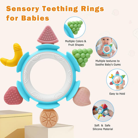 Baby Teething Toys for Babies 3-12 Months, Silicone Teething Rings for Babies, Infant Teether for Sore Gum Relief, Sensory Chew Toy Baby Teether, Baby Essentials Gift for Newborn Boys Birthday, Blue