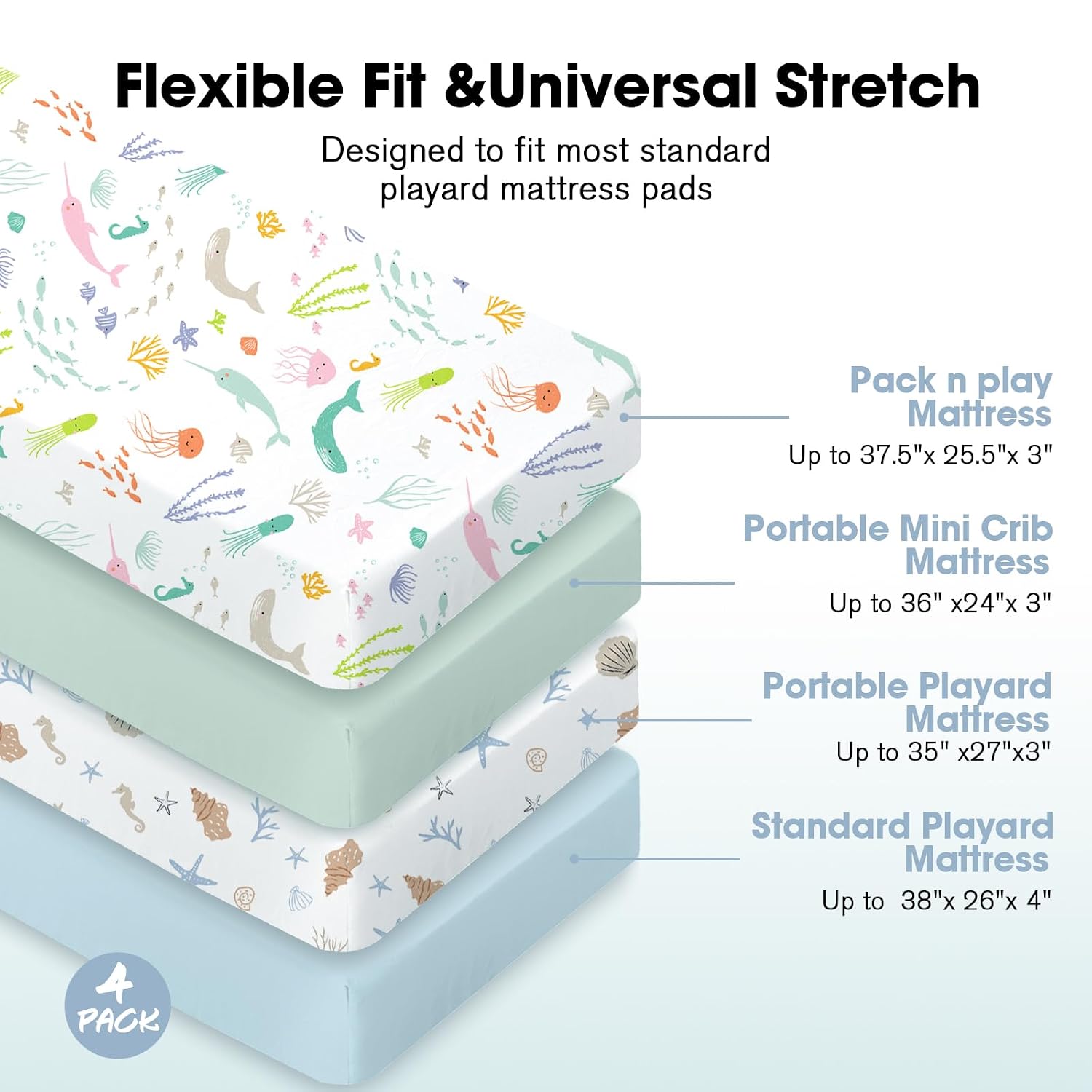 Bimocosy Pack and Play Sheets Fitted 4 Pack, 38 x 26 Inch Pack n Play Mini Crib Sheets for Boys and Girls, Soft Stretchy Playard Mattress Sheets for Graco Pack n Play, Ocean World