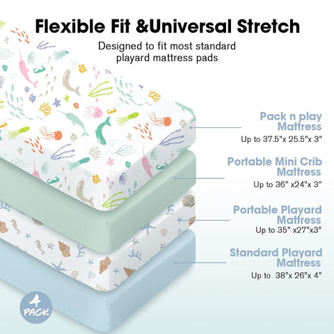 Bimocosy Pack and Play Sheets Fitted 4 Pack, 38 x 26 Inch Pack n Play Mini Crib Sheets for Boys and Girls, Soft Stretchy Playard Mattress Sheets for Graco Pack n Play, Ocean World