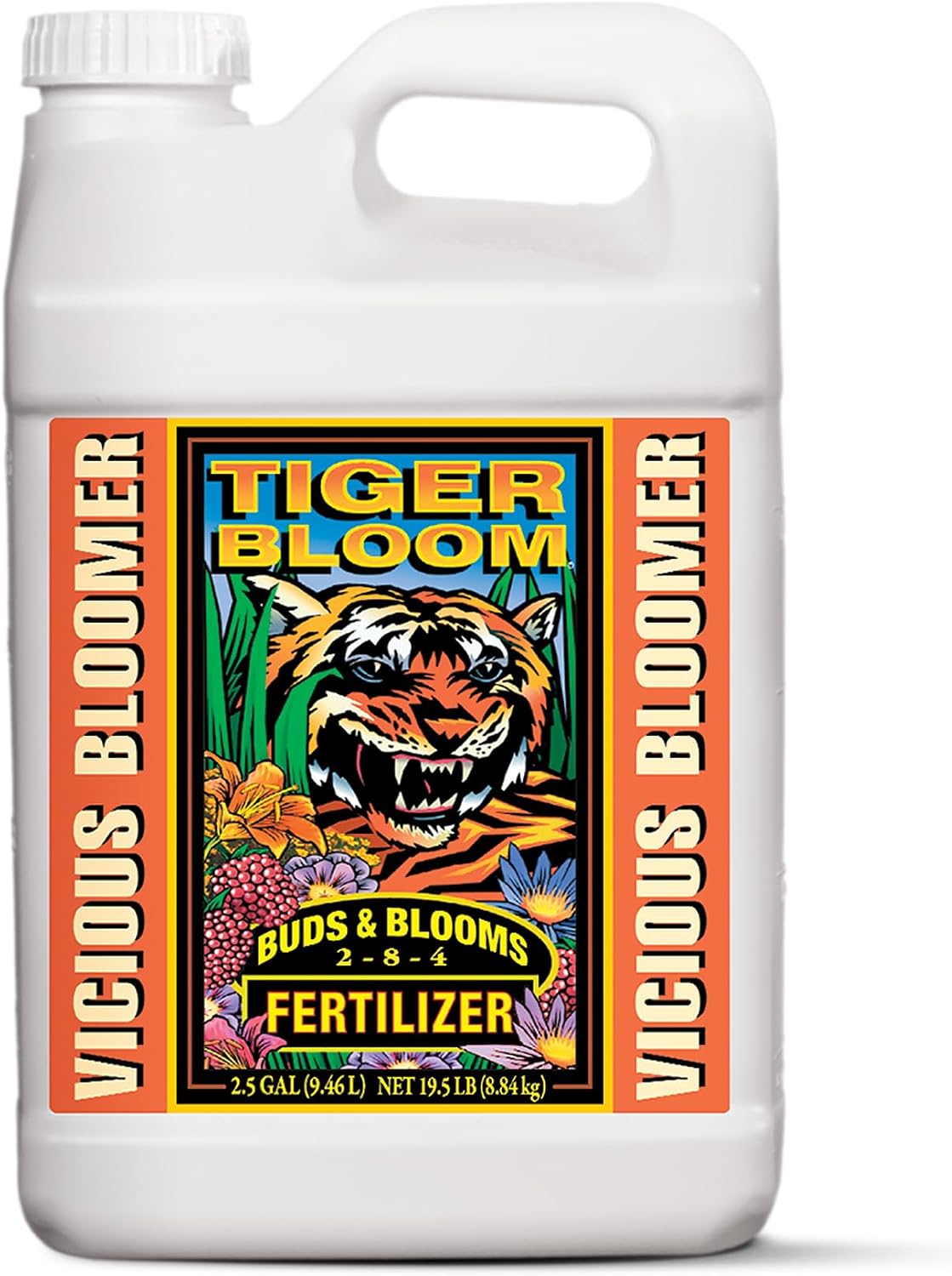 FoxFarm Tiger Bloom Liquid Plant Food - Phosphorus Fertilizer for Buds, Blooms & Flowering - Supports Soil & Hydroponic Systems - High Micronutrient Formula with 2-8-4 Nutrient Ratio - 2.5 Gallons