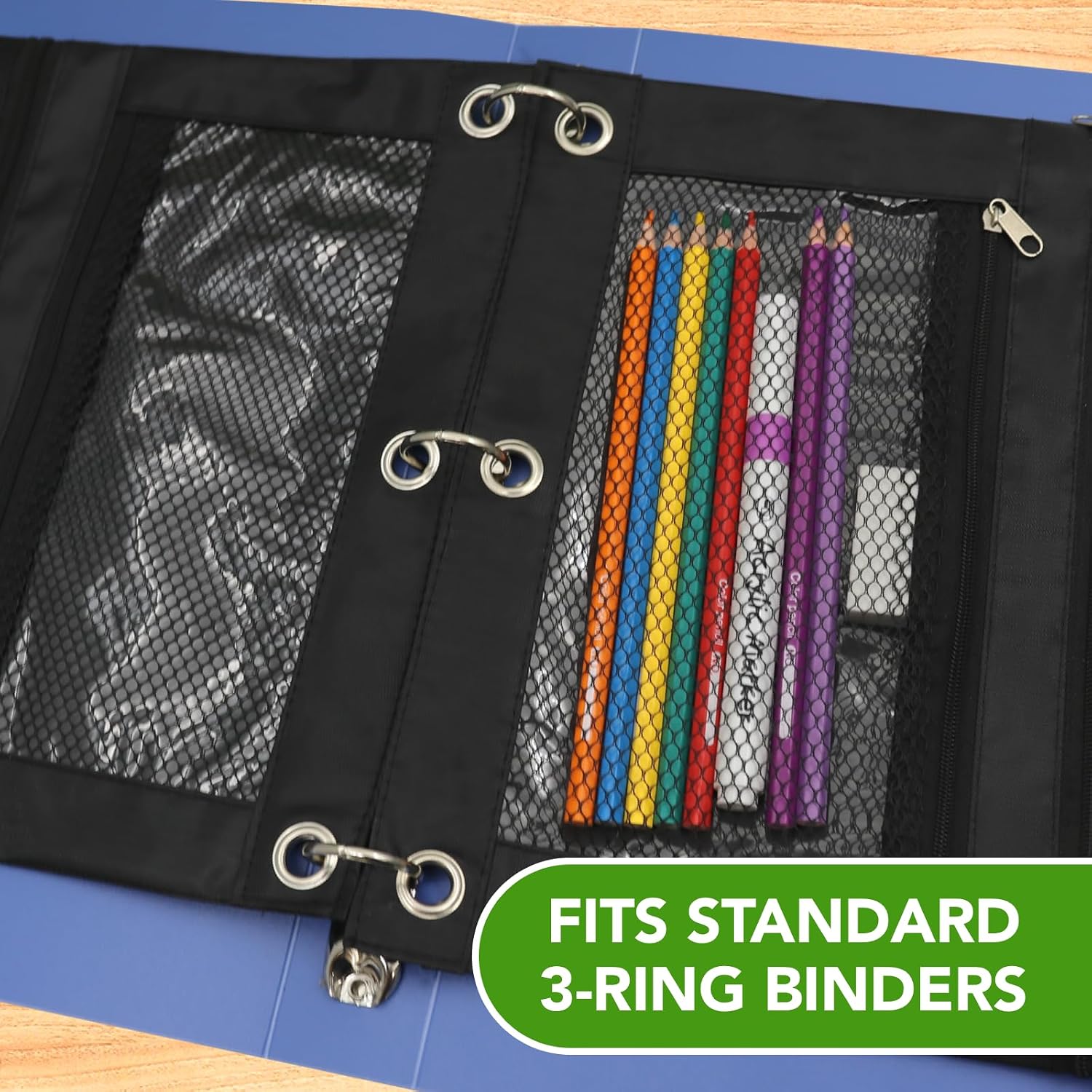 Pencil Pouch for 3 Ring Binder, Heavy Duty Canvas Dual Zipper Pen Bag with Clear Window, Smooth Metal Zipper, Fit Standard 3-Ring Binders for School Office Travel Supplies (Black)