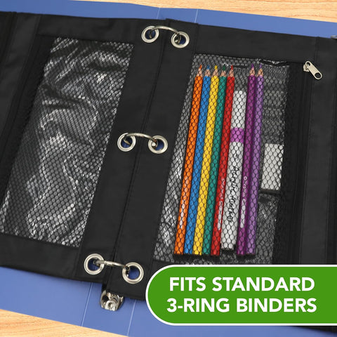 Pencil Pouch for 3 Ring Binder, Heavy Duty Canvas Dual Zipper Pen Bag with Clear Window, Smooth Metal Zipper, Fit Standard 3-Ring Binders for School Office Travel Supplies (Black)
