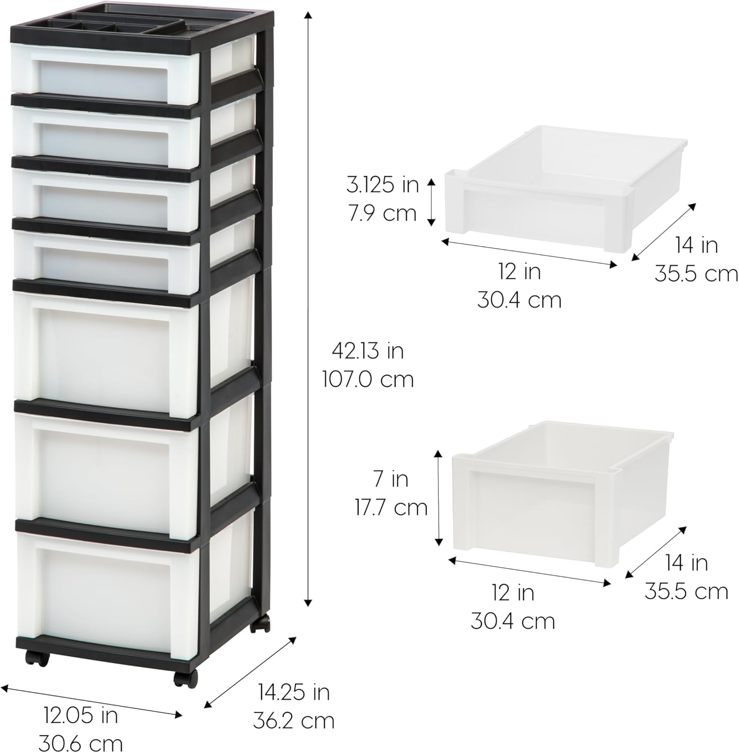 IRIS USA 7-Drawer Rolling Storage Cart, Black/Pearl