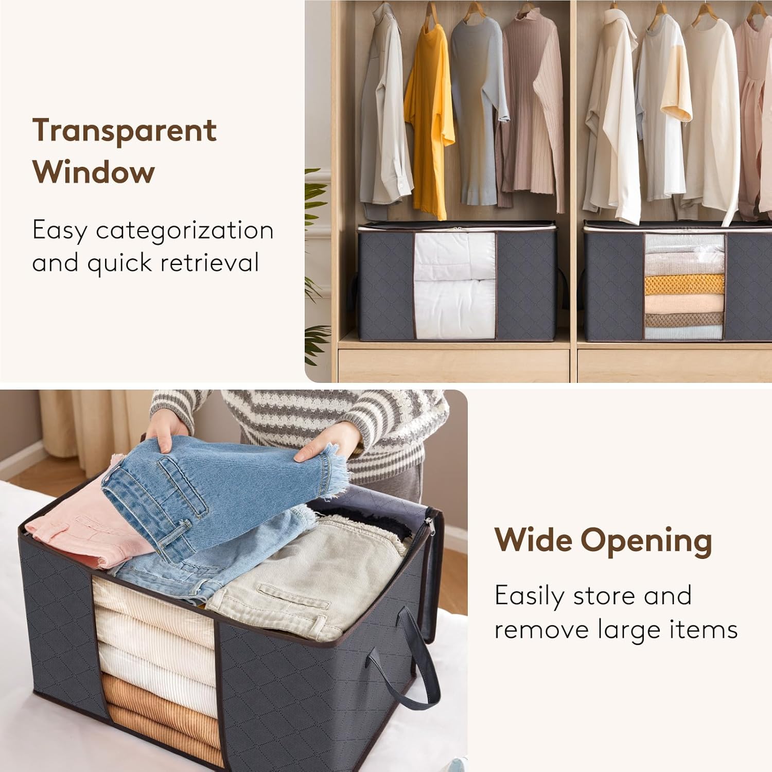 Lifewit 3 Pack 60L Clothes Storage Bins with Lids, Foldable Blanket Storage Bags with Zippers, Clear Window and Reinforced Handles, Closet and Organization for Clothing, Sweater, Comforter, Bedding