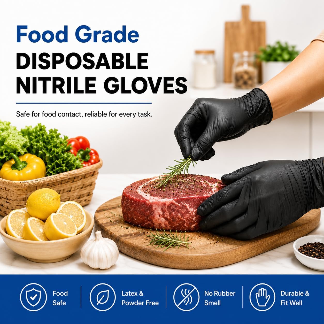 Black Nitrile Disposable Gloves, Food Grade, 5 Mil, Medium 1000 Count
