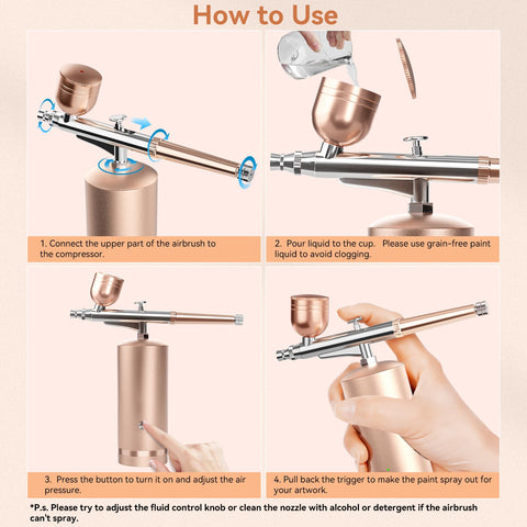 Airbrush Kit with Compressor - 48PSI Rechargeable Cordless Non-Clogging High-Pressure Air Brush Set with 0.3mm Nozzle and Cleaning Brush Set for Nail Art, Makeup, Painting, Cake Decor