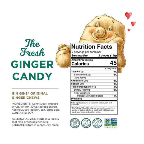 GIN GINS Original Ginger Chews Made w/ Fresh Ginger 3oz 12Pk