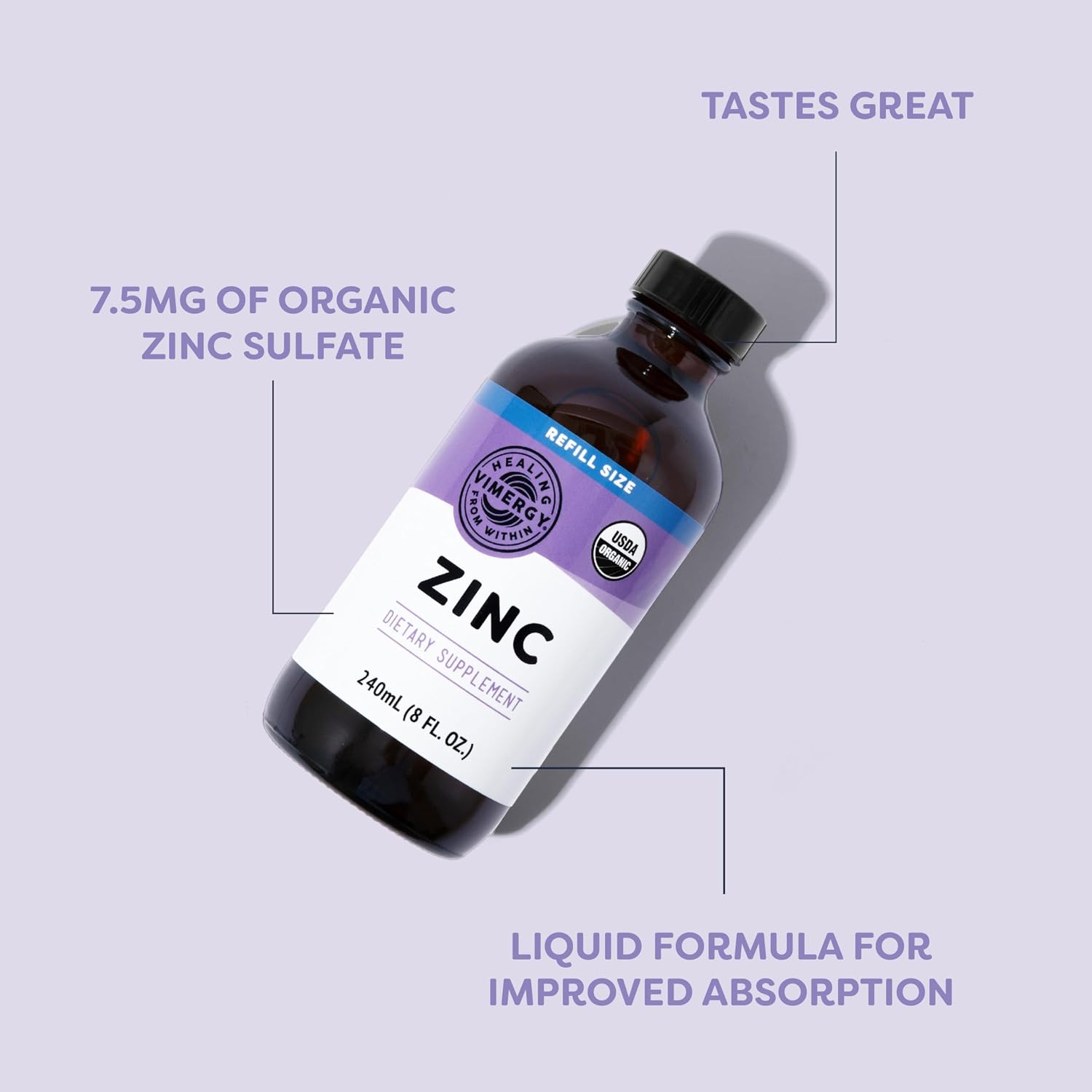VIMERGY Liquid Zinc 7.5mg, Organic Immune Support, 120 Servings, 240 mL