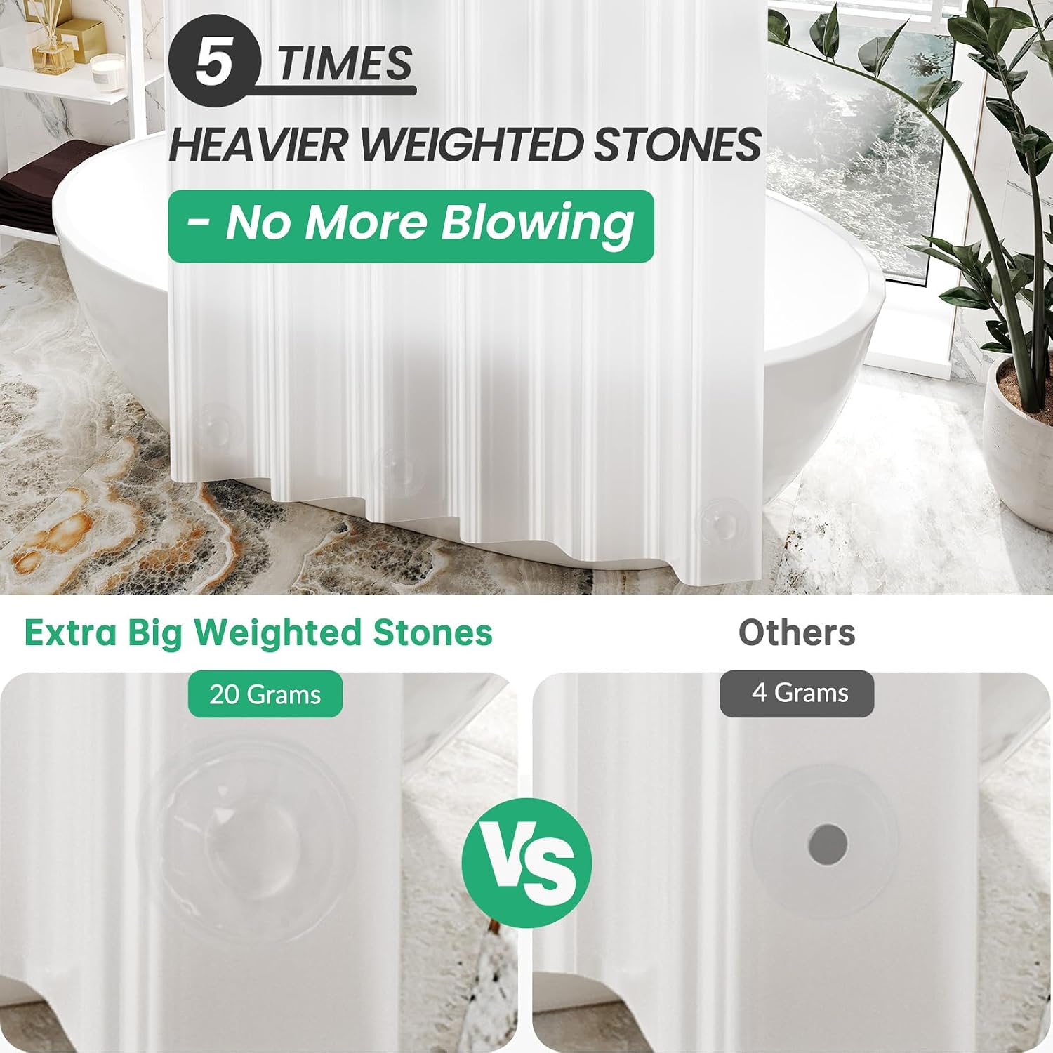 AmazerBath Frosted Shower Curtain Plastic 72x72 Inches, Heavy Duty Shower Curtain Waterproof, Thick PEVA Shower Curtains for Bathroom with 3 Big Clear Weighted Stones and 12 Rustproof Grommets