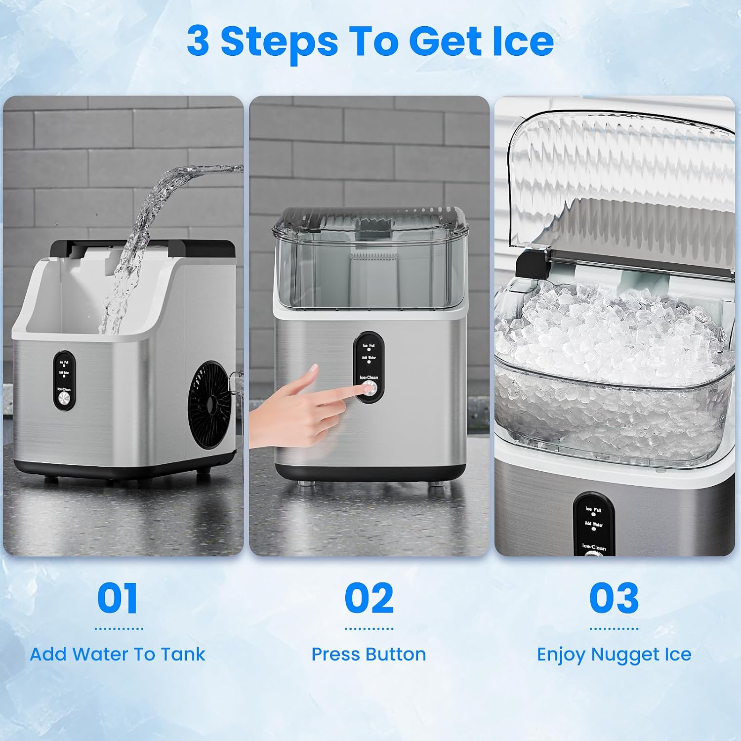Antarctic Star Nugget Ice Makers Countertop, Portable Ice Maker Machine with Self-Cleaning, 35lbs/24H, Crushed Ice Machine with Handle & Scoop for Home, Kitchen, Office and Camping(Stainless Steel)