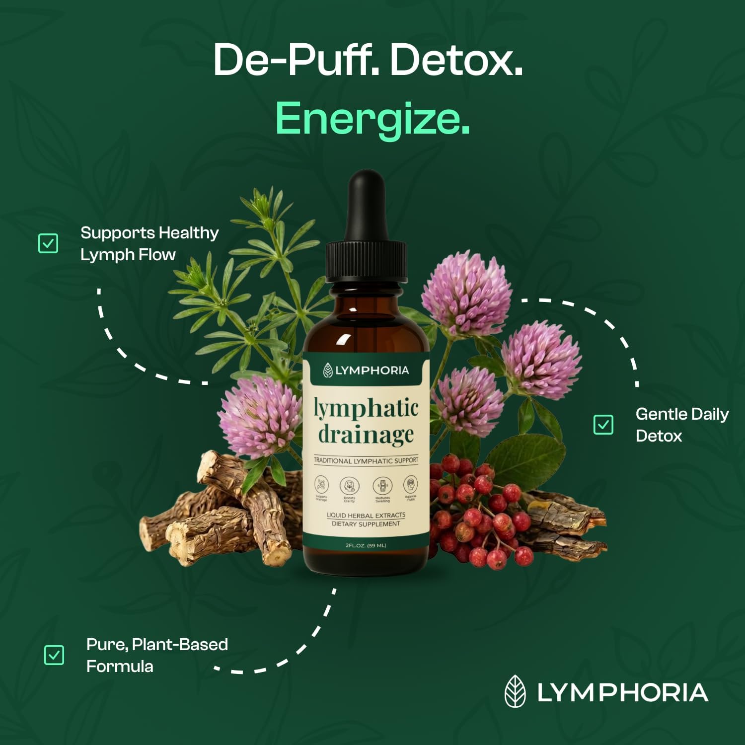 Lymphatic Drainage Drops for Bloat Relief & De-Puff – Cleavers, Red Clover, Stillingia Root & Prickly Ash Bark – Lymph Node Detox Cleanse, Fluid Retention – Alcohol-Free, Vegan, 2 Fl Oz