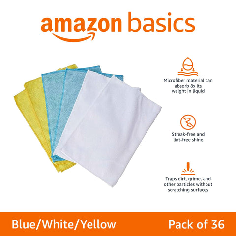 Amazon Basics Microfiber Cleaning Cloths, Non-Abrasive, Reusable and Washable, Pack of 36, Blue/White/Yellow, 16" x 12"