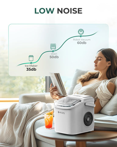 ecozy Portable Countertop Ice Maker - 9 Ice Cubes in 6 Minutes, 26 lbs Daily Output, Self-Cleaning with Ice Bags, Scoop, and Basket for Kitchen, Office, Bar, Party - White