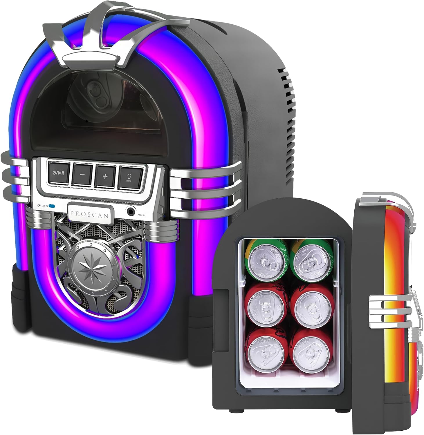 PROSCAN 6-Can Mini Personal Fridge Cooler, Built In Portable Speaker Jukebox Design – Home, Office or Dorm, Bluetooth Beverage Cooler with Removable Shelf – AC and Car Dual Power Cords