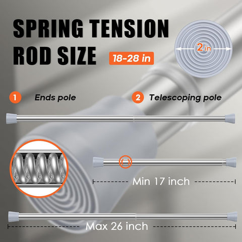 AIZESI Silver 2pcs Adjustable Spring Curtain Rods 17 to 26 Inch, Extendable Spring Tension Rod No Drilling, Non-Slip Closet Rods Tension, Durable Hanging Rods