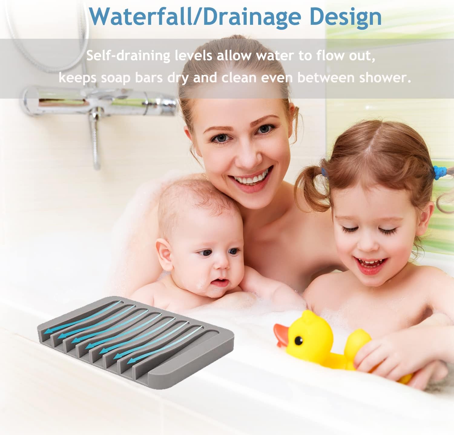 Self Draining Soap Dishes, 3 Pcs Silicone Soap Saver, Waterfall Drainer Soap Holder for Bathroom, Extend Soap Life, Keep Soap Bars Dry Clean & Easy Cleaning (Gray)