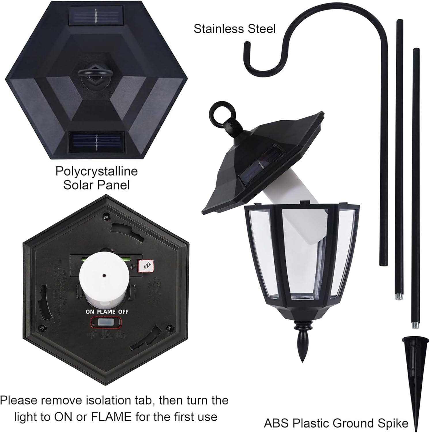 Dynaming 6 Pack Solar Flame Hanging Lights Outdoor, Halloween Solar Flickering Flame LED Garden Lanterns with 6 x 38 Inch Shepherd Hooks, Christmas Lighting for Lawn Patio Yard Pathway Driveway