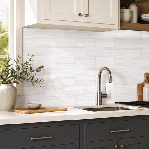 StyloVue 4 Pieces Peel and Stick Backsplash for Kitchen, 3" x 6" PVC Subway Tile 2026 Upgraded Dolomite Mist Backsplash Stick on Tile Elevate Kitchen Fireplace RV