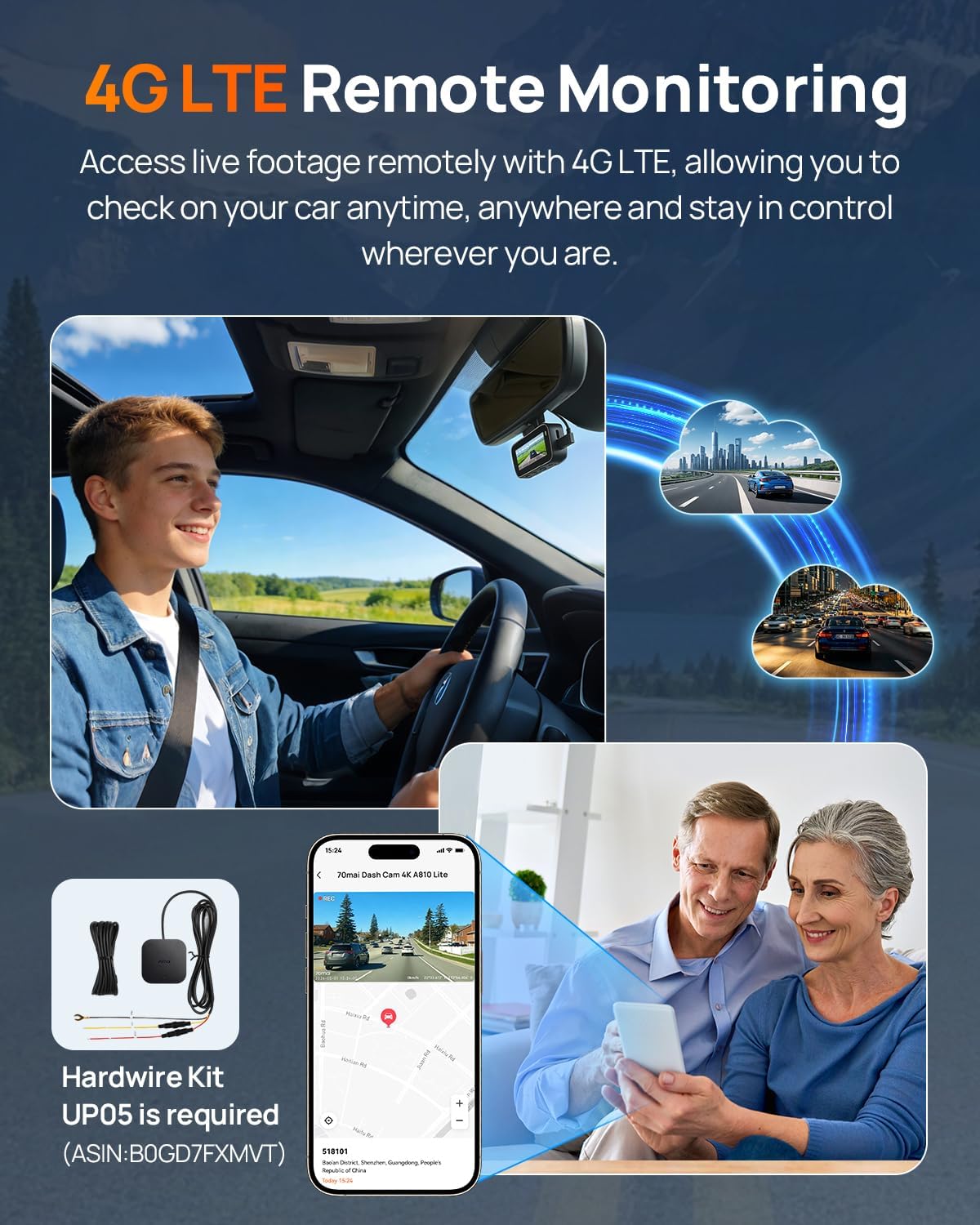 70mai A810 Lite 4K Dash Cam Front and Rear, 5GHz Wi-Fi 6 DashCam, Car Camera 4G LTE Remote Access, GPS Tracking, HDR Night Vision, 24H Parking Mode, Voice Control, Emergency Lock