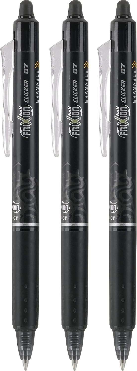 PILOT FriXion Clicker Erasable Pens, Fine Point 0.7 mm, Black Ink, 3-Pack