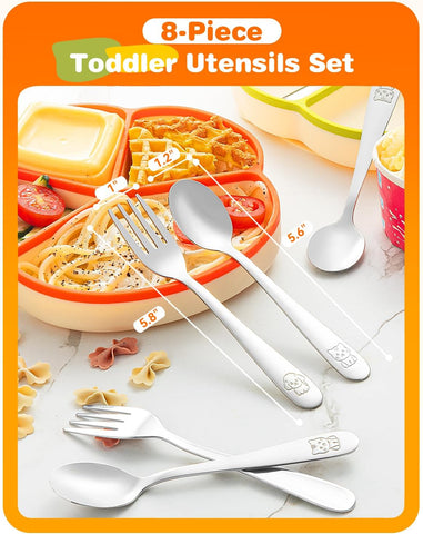 8-Piece Toddler Utensils Set, Food Grade Stainless Steel Kids Silverware Set Including Forks and Spoons, Child-Sized, Dishwasher Safe