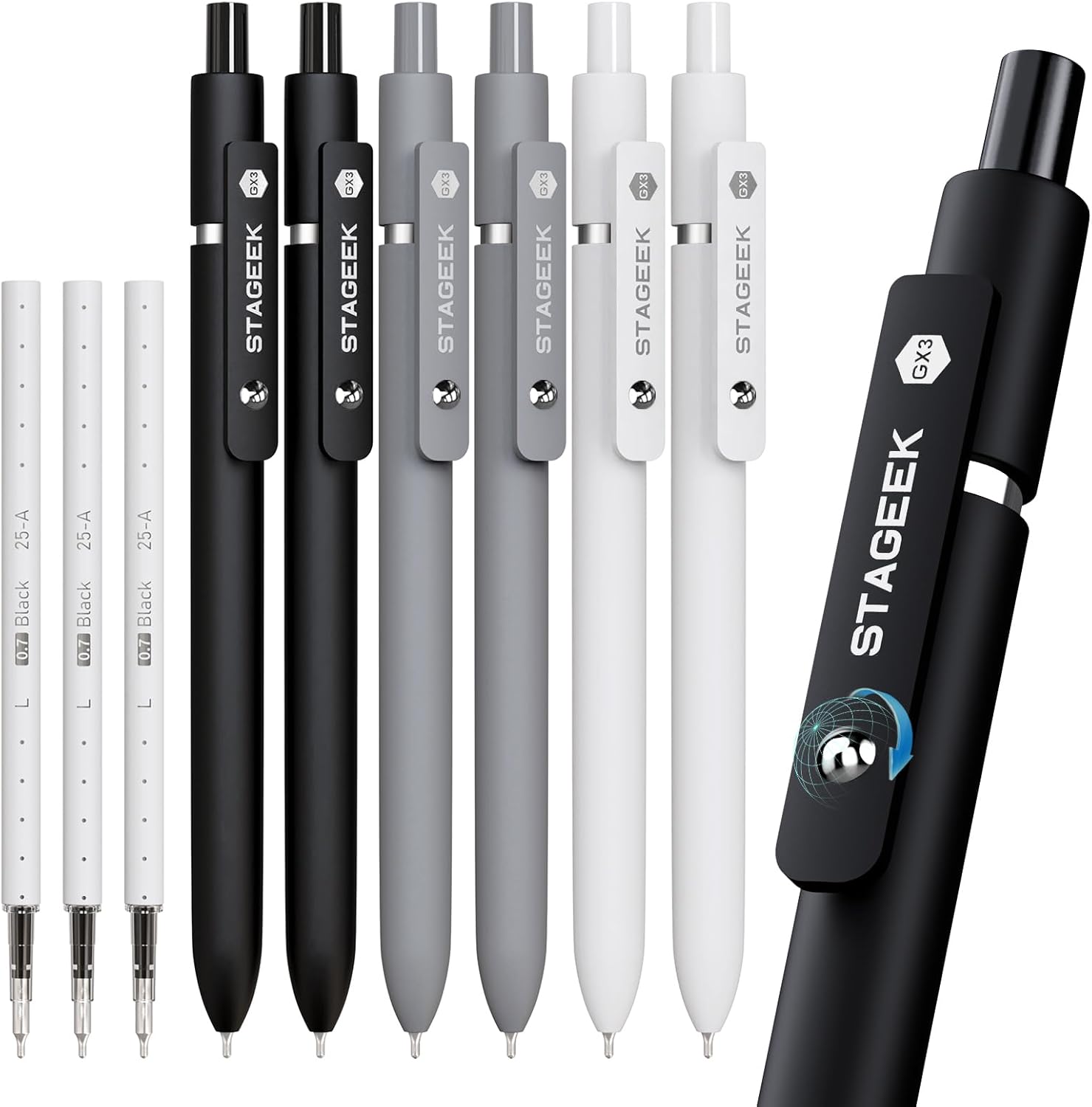 STAGEEK GX3 Black Gel Pens,6Pcs Quick Dry Smooth Writing Pen with 3 Refills
