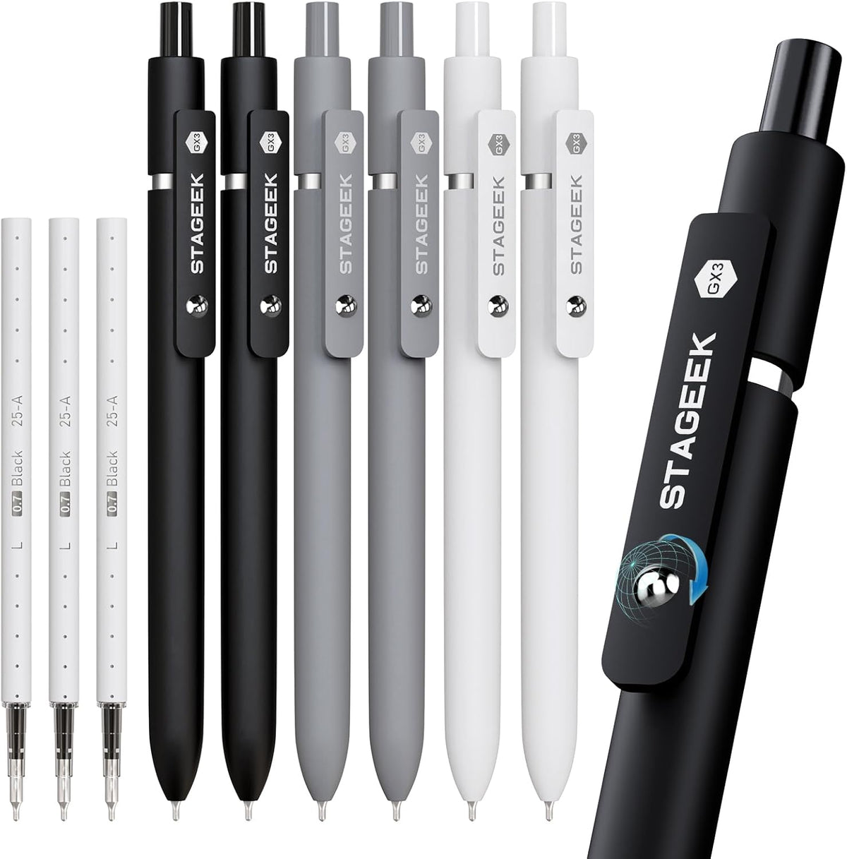 STAGEEK GX3 Black Gel Pens,6Pcs Quick Dry Smooth Writing Pen with 3 Refills