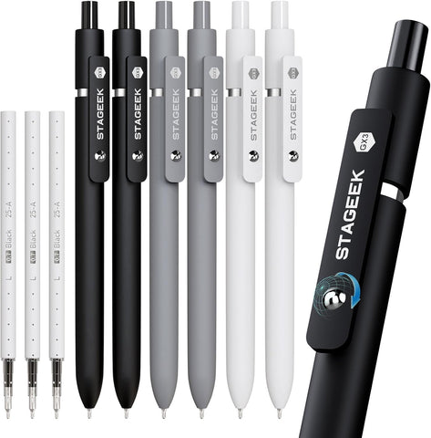 STAGEEK GX3 Black Gel Pens,6Pcs Quick Dry Smooth Writing Pen with 3 Refills
