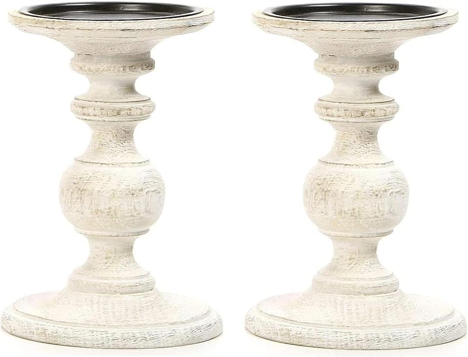 Hosley Set of 2 Antique White Wooden Pillar Candle Holders - 7 Inch Rustic Farmhouse Candlestick Stand, Distressed Candle Pedestals for Table Centerpiece, Wedding Party, Home Decor, Spa
