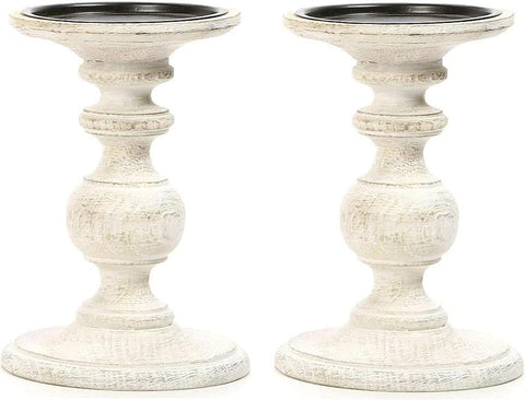 Hosley Set of 2 Antique White Wooden Pillar Candle Holders - 7 Inch Rustic Farmhouse Candlestick Stand, Distressed Candle Pedestals for Table Centerpiece, Wedding Party, Home Decor, Spa