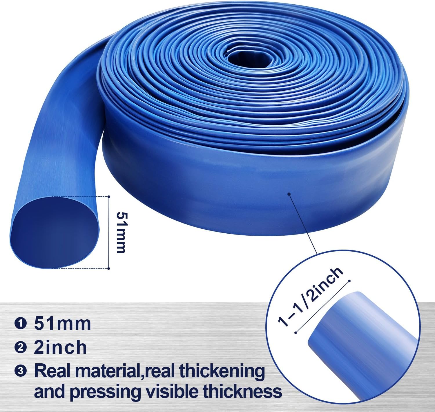YASHINE PVC HOSE 1-1/2"*50ft, Pool Backwash Hose, Heavy Duty Reinforced Blue PVC Discharge Hose Lay Flat Water, For Swimming Drain Pools and Clean Filters, with 2 Clamp