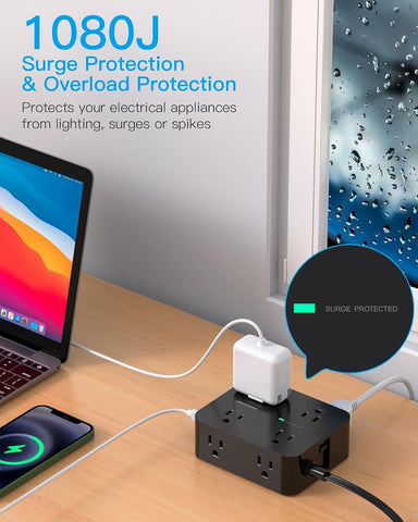 Power Strip Surge Protector, 5Ft Flat Extension Cord with Multiple Outlets